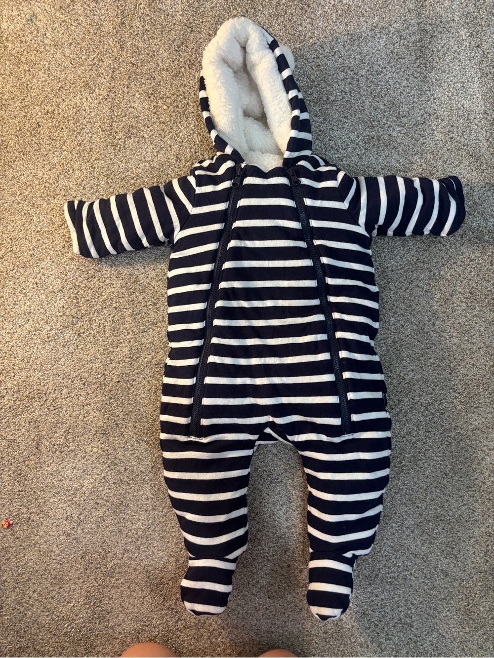 Baby Gap Navy White Striped Sherpa Lined Hooded Pram Suit Bunting 3-6m Bear